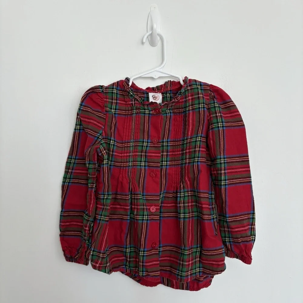 Wondernation Kids Girls Shirt Size 5T Red Plaid Long Sleeve Buttons 100% Cotton
